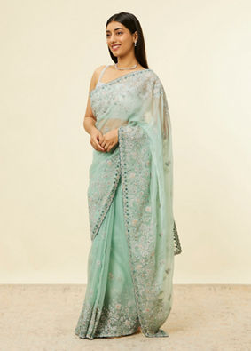 alt message - Mohey Women Sea Green Bel Buti Patterned Stone Work Saree image number 3